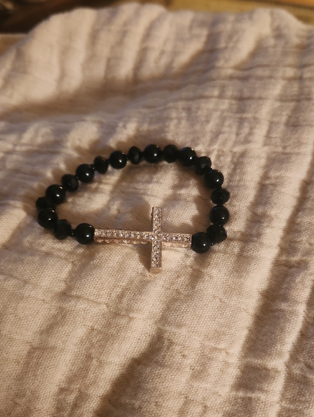 Black Beaded Cross Stretch Bracelet